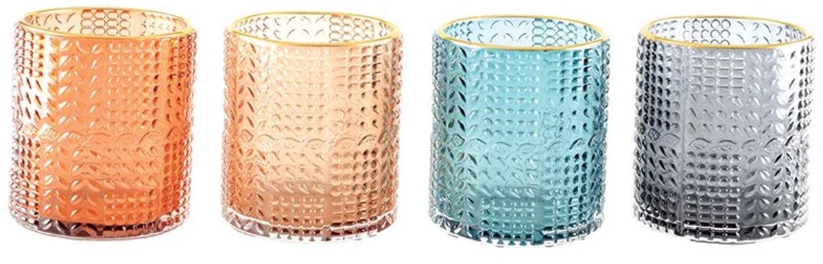 AULICA - Set 4 Color kandelaars met gouden randen - Waxinelichtjeshouder - 8x8x9cm - Set 4 stuks