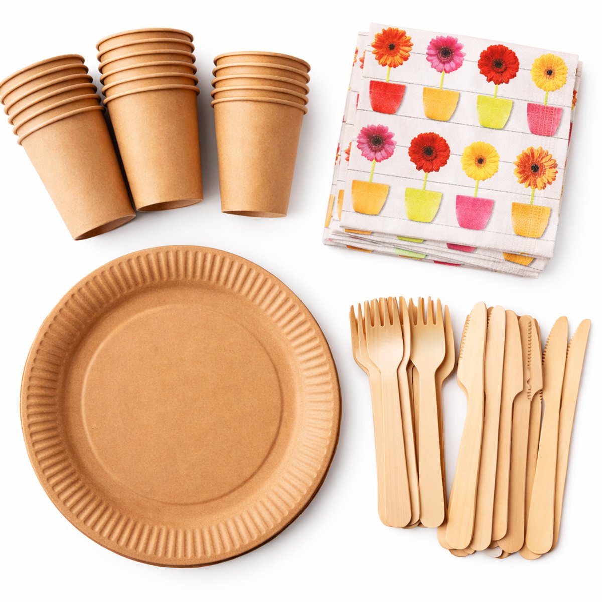 Wegwerp servies set voor 20 personen – 20 kartonnen borden 23 cm, 20 bekers 240 ml, 20 houten vorken, 20 houten messen en 20 servetten 33x33 cm "Glanzende Gerbera's" Feest/verjaardag/BBQ/Picknick bordjes - set bio/eco/ - Duurzaam - Milieuvriendelijk