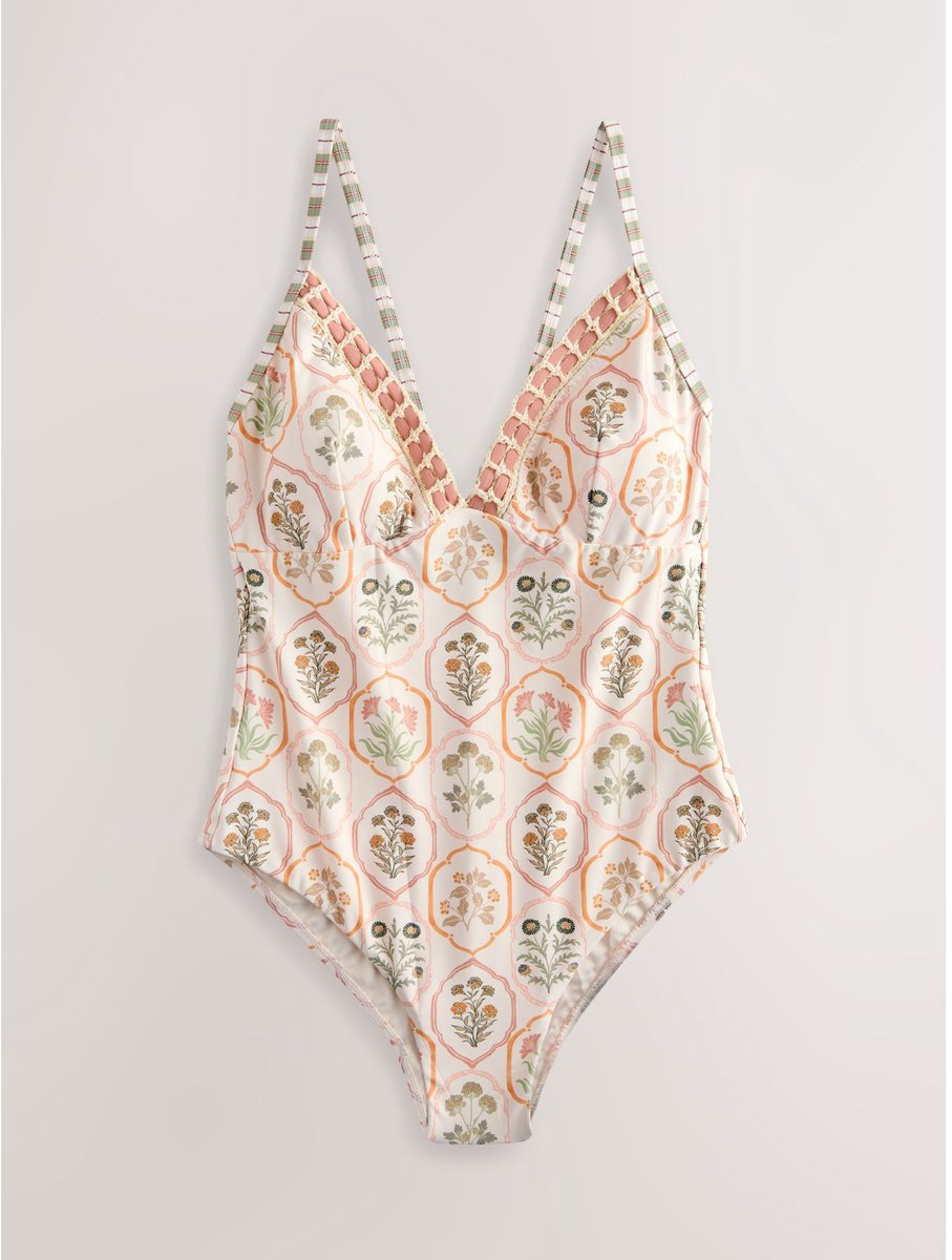 Next Dames - Diepuitgesneden buikbedekkend badpak - Tall - Crème Ecru/Peach Floral