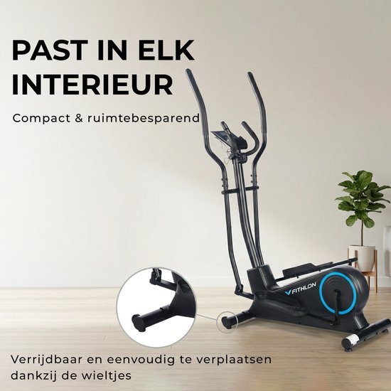 Zwarte crosstrainer met blauwe details, met een close-up van de transportwieltjes aan de voorkant.