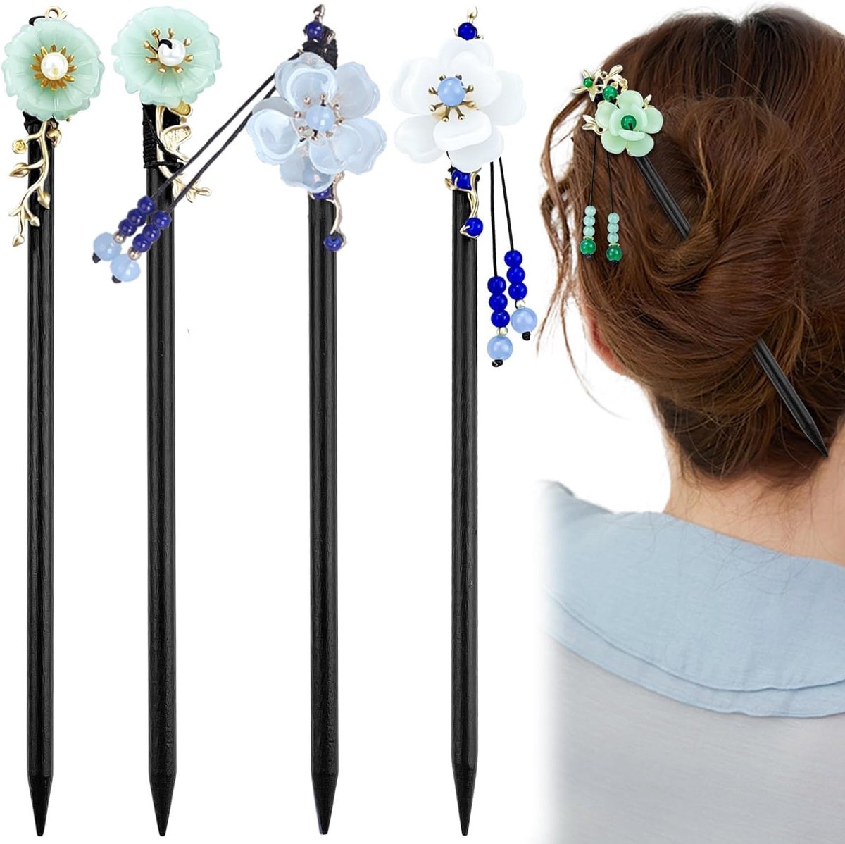 Elegante Haarstokken Set van 4 - Vintage Chinese Haaraccessoires met Vlinder en Parels voor Lang Haar van Vrouwen en Meisjes