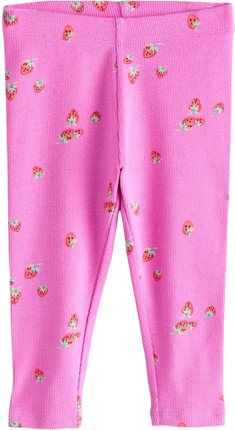 Roze, geribbelde legging met een all-over aardbeiprint.