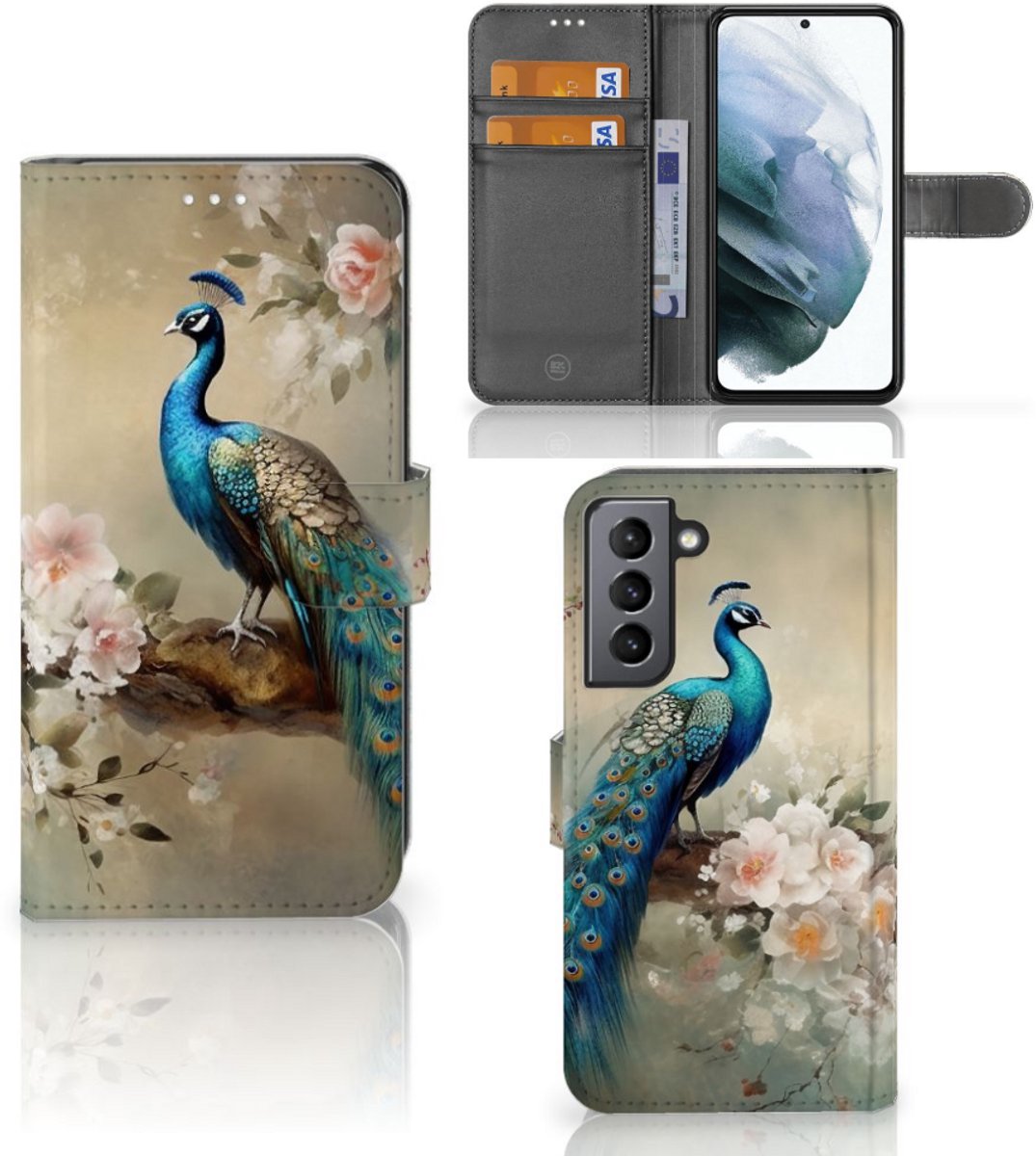 Telefoonhoesje met Pasjes voor Samsung Galaxy S21 FE Vintage Pauwen