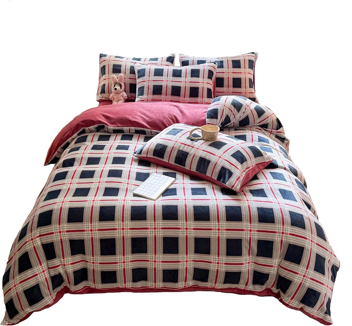 Zacht Gebreid Beddengoed voor Volwassenen en Tieners, Donkerblauw Geruit, Ideaal voor Herfst en Winter, 105 cm