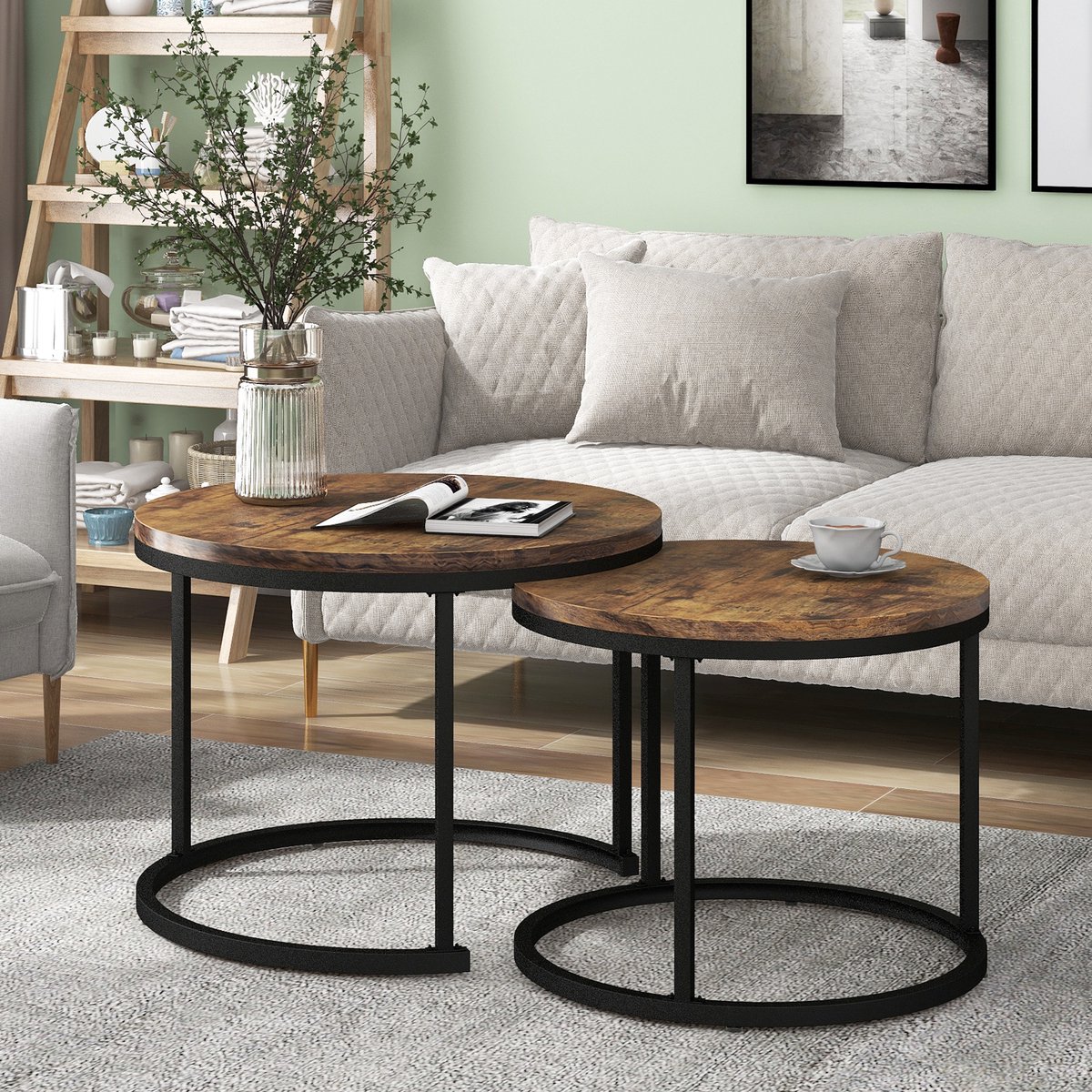 MODENUIT Salontafelset - 2 Ronde Nesttafels Voor Woonkamer - MDF En Metaal - Bruin - 50x70,5 En 45,5x44 Cm