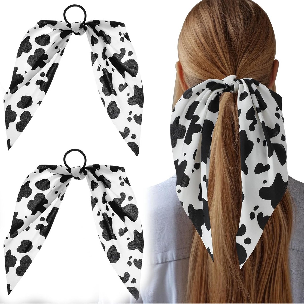 Set van 2 Haarbanden met Koeienprint voor Meisjes en Vrouwen - Elastische Haaraccessoires, Handgemaakt, Perfect voor Feestdagen en Verjaardagen