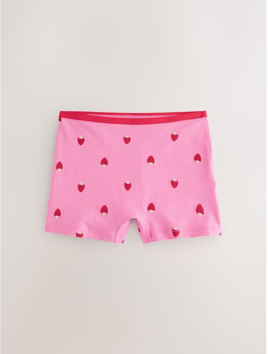 Roze boxershorts met een all-over patroon van rode aardbeien en een rode boord.