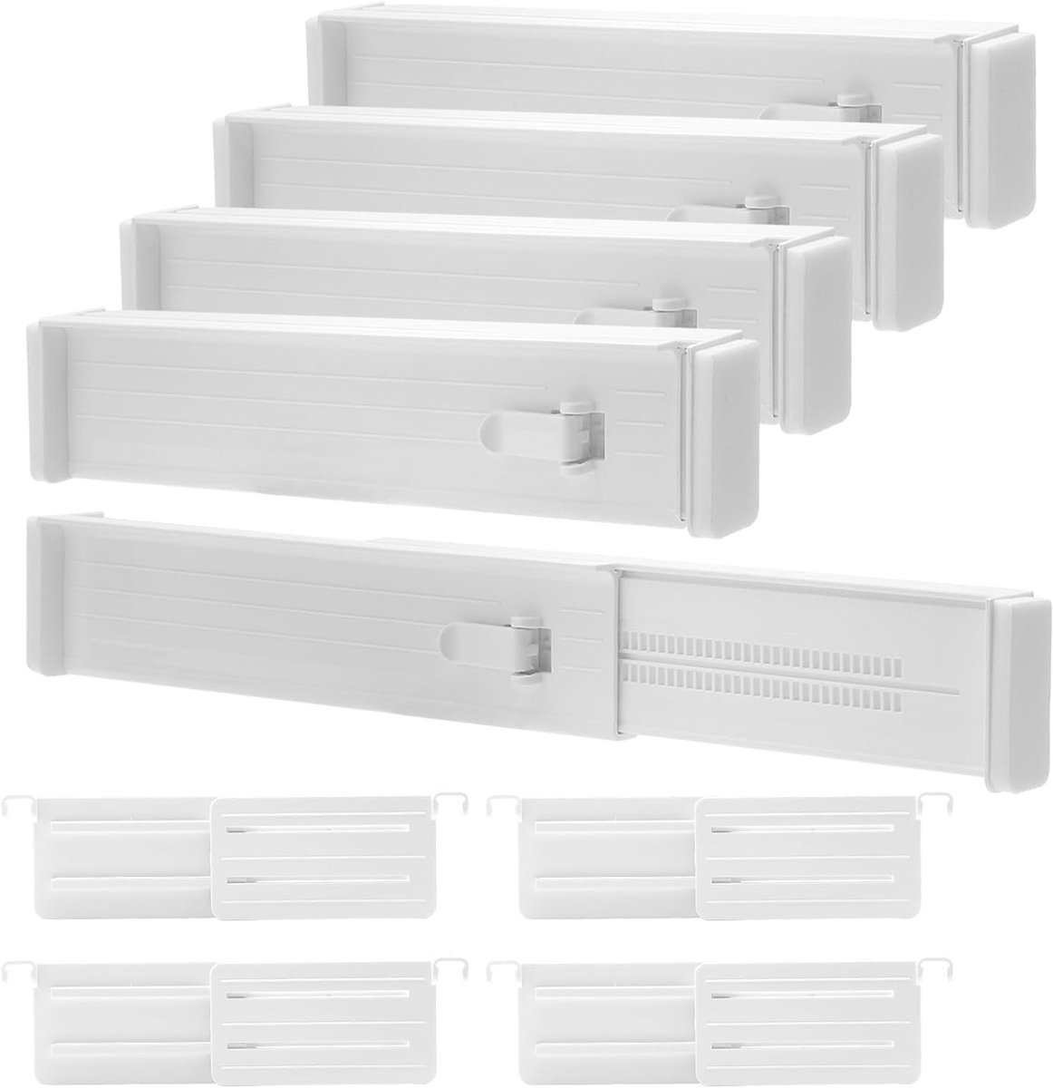 Set van 12 Verstelbare Ladeverdeler, Organizers voor Kleding, Bureau en Opbergruimte (32.3 - 56 cm, 6.3 cm H) in Wit