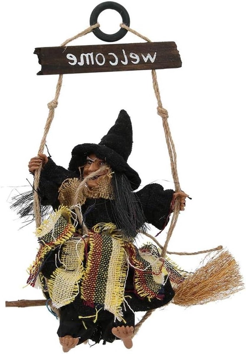 Heksenversiering voor Halloween - Hangende decoratie voor binnen en buiten, gehaakte heks met zwarte hoed en tuinaccessoires