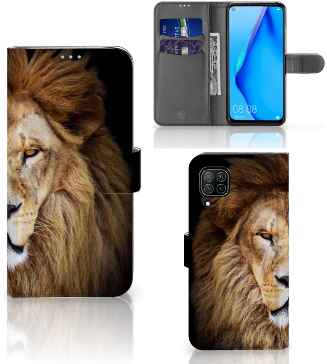 Huawei P40 Lite Telefoonhoesje met Pasjes Leeuw