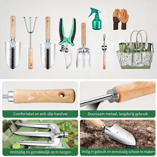 Gloovon® Tuingereedschap Set 9-delig - RVS Handgereedschap - Ergonomische Houten Handgrepen & Snoeischaar - Met Opbergtas van Merkloos	 — afbeelding 3