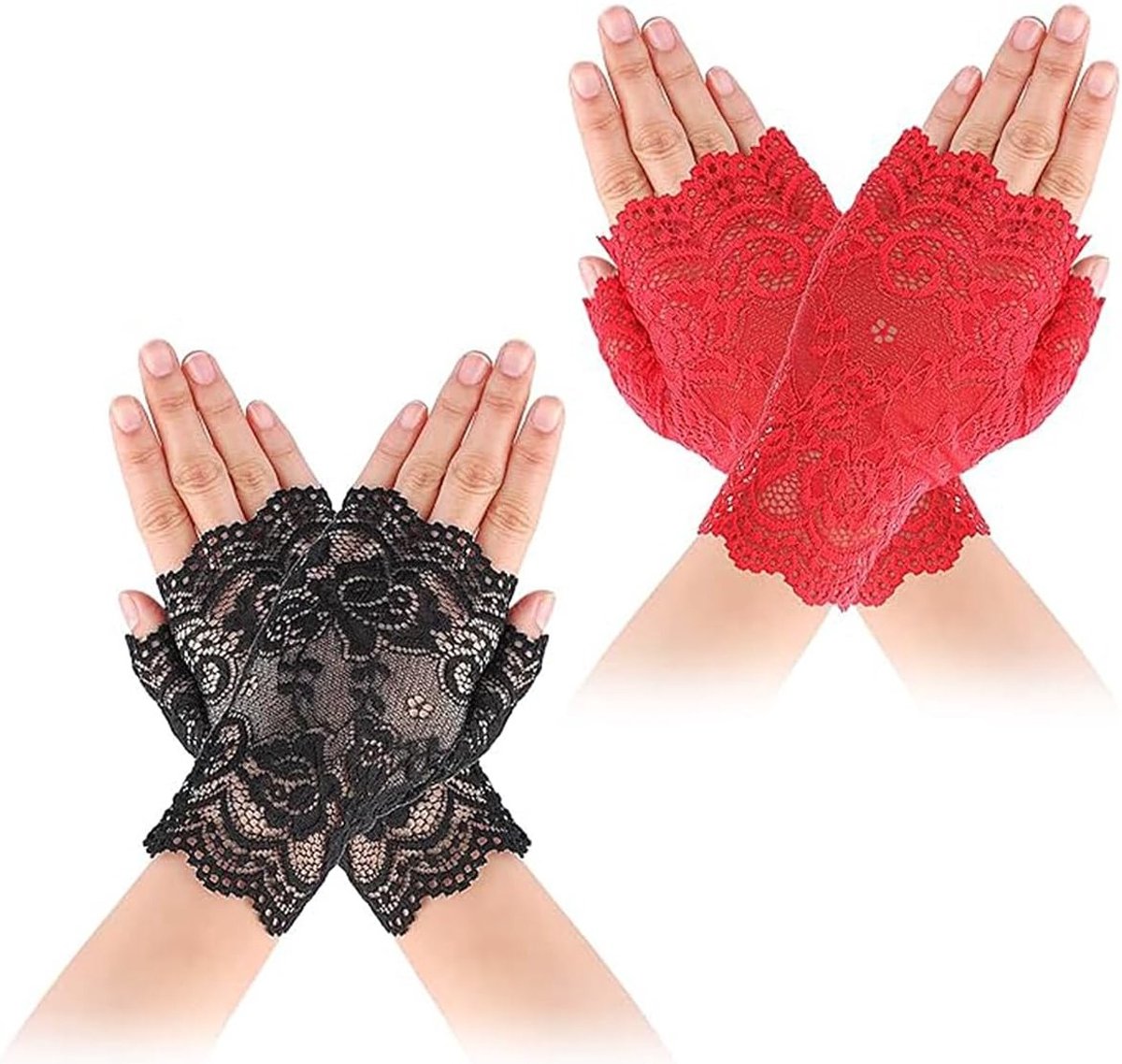 Vingerloze Kanten Handschoenen voor Dames - Korte Vingerloze Handschoenen voor Bruiloften, Feestjes en Theekransjes - 2 Paar Accessoires