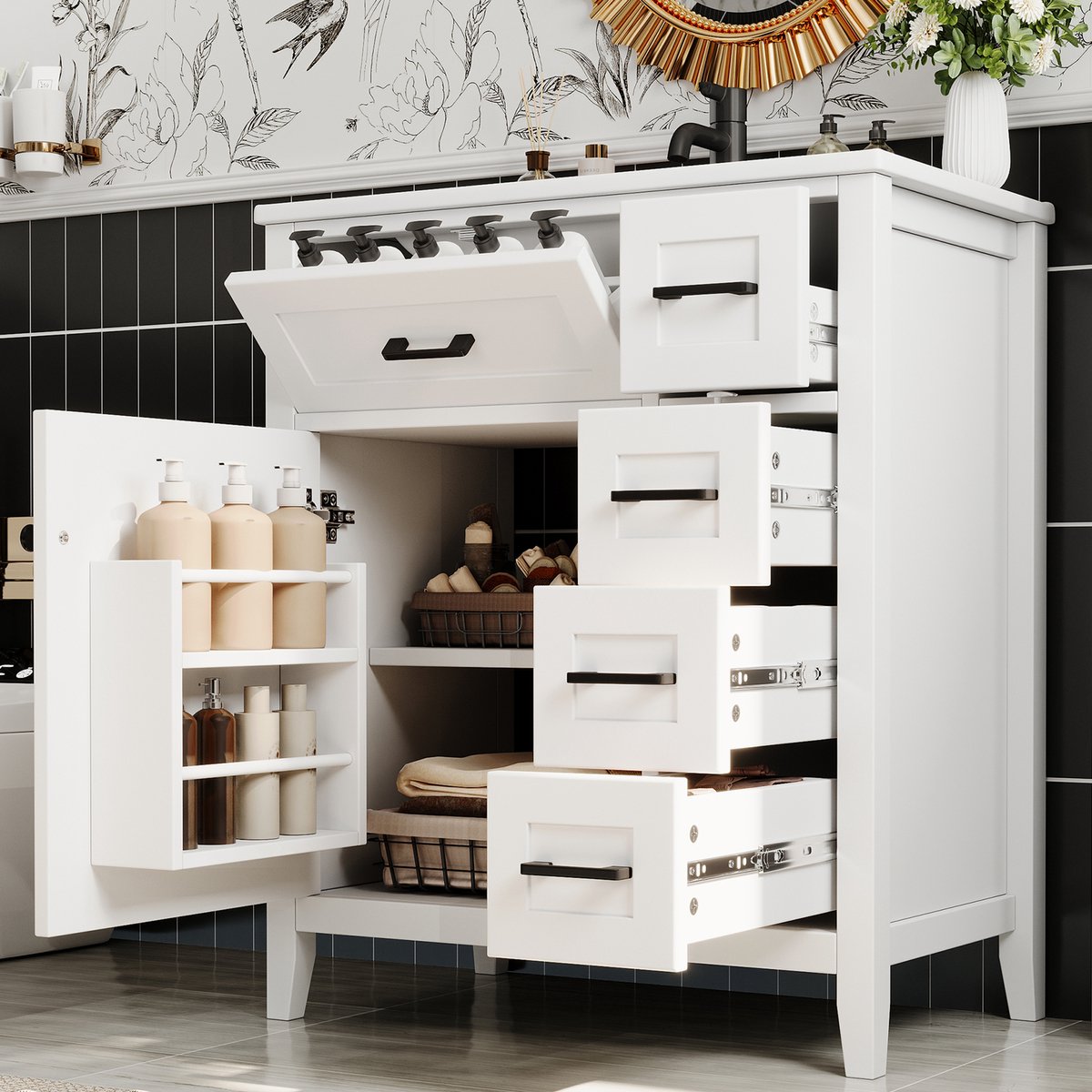 Sweiko Badkamermeubel - 4 lades - Opbergrek - Keramische wastafel - 76 x 46 x 90 cm - Wit