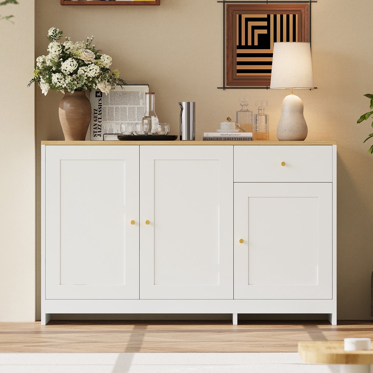 Sweiko Dressoir - Halmeubel - 3 deuren - met lades - Houtlook - 120 x 40 x 75 cm - Naturel + Wit