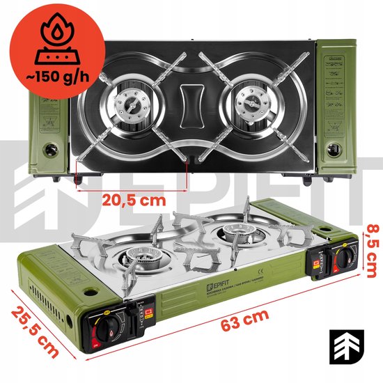 MOZY® - Draagbaar Gasfornuis - in Koffer - Groen - Antislip - Dubbele Gaspit - Tweepits Gastoestel - Camping Kooktoestel - Draagbaar Gasfornuis van MOZY — afbeelding 2