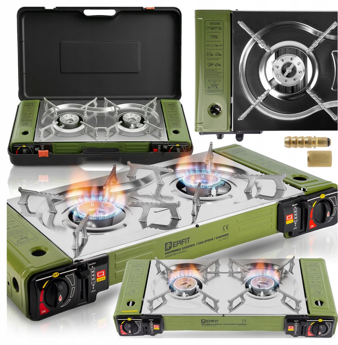 MOZY® - Draagbaar Gasfornuis - in Koffer - Groen - Antislip - Dubbele Gaspit - Tweepits Gastoestel - Camping Kooktoestel - Draagbaar Gasfornuis