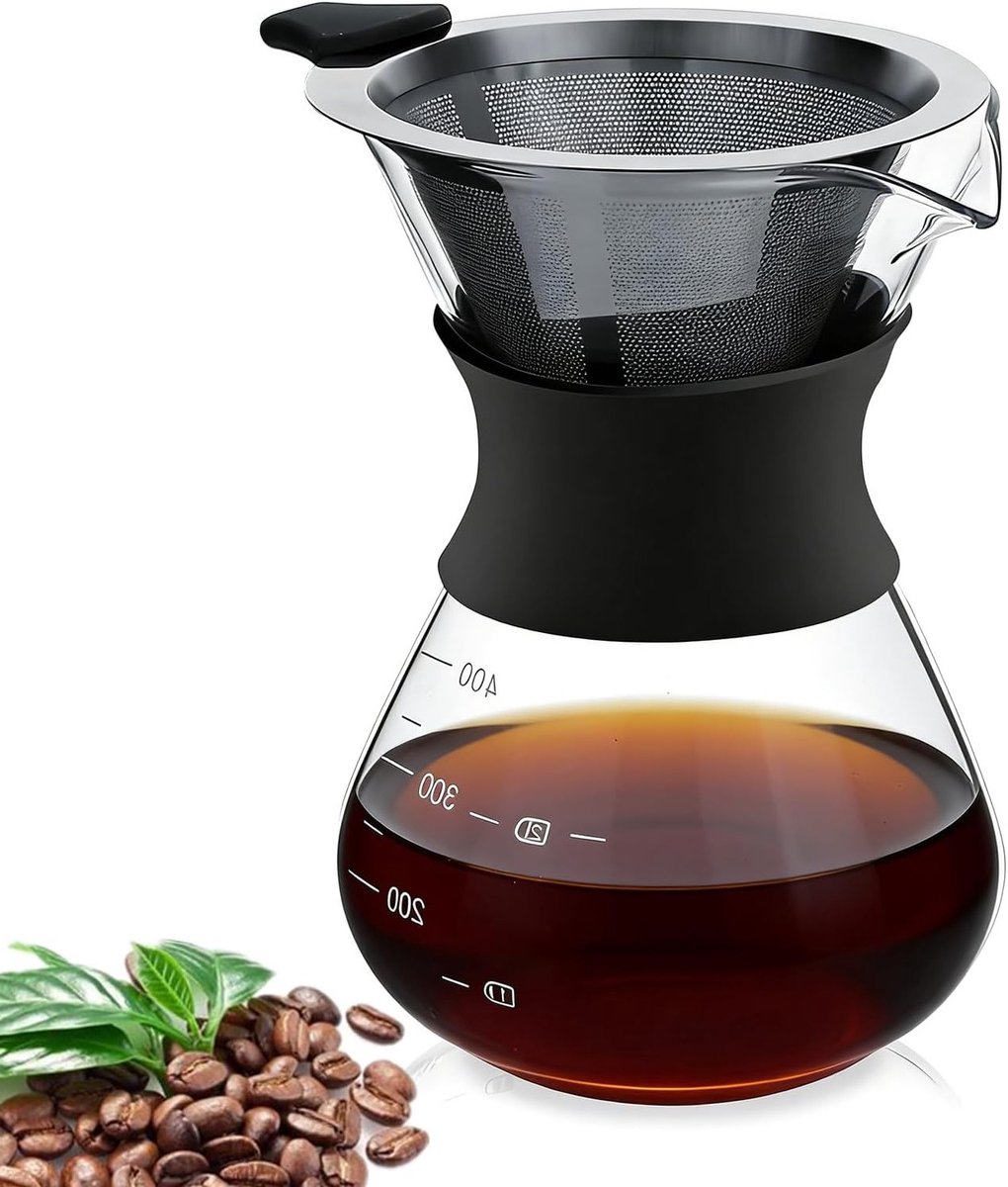 Borosilicaat Glazen Koffiepot 400ml, Handmatige Koffie Dripper met Herbruikbaar RVS Filter, Perfect voor Aromatische Koffie en Precisie Schenken