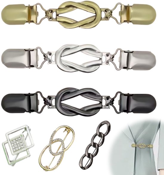 Pinces à gilet dorées, argentées et noires avec un design noué, plus une broche carrée à strass, une broche ovale à strass et une broche en chaîne.