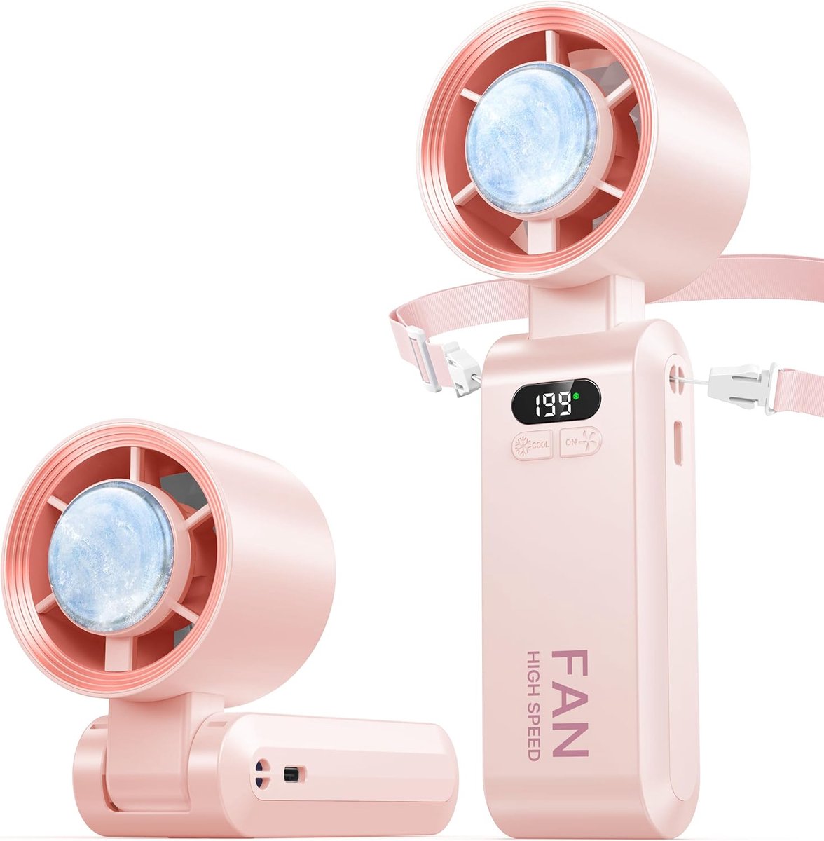 Draagbare handventilator met koelelement – snelheid (1-199) – 3600 mAh – oplaadbare persoonlijke ventilator – mini maar krachtig – kleine zakventilator – geschikt voor op reis/buiten/thuis/op kantoor – roze