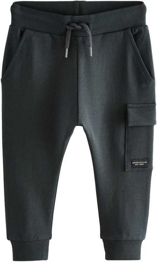 Donkergrijze joggingbroek met trekkoord, cargo zak en elastische boorden.