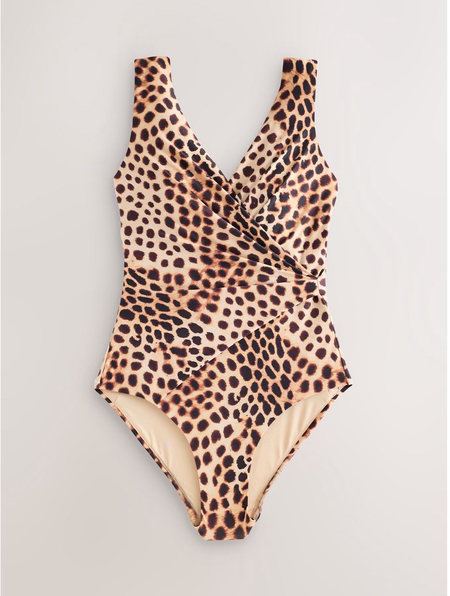 Next Dames - Buikcorrigerend zwempak met overslag - Tall - Dierenprint Brown Leopard Print