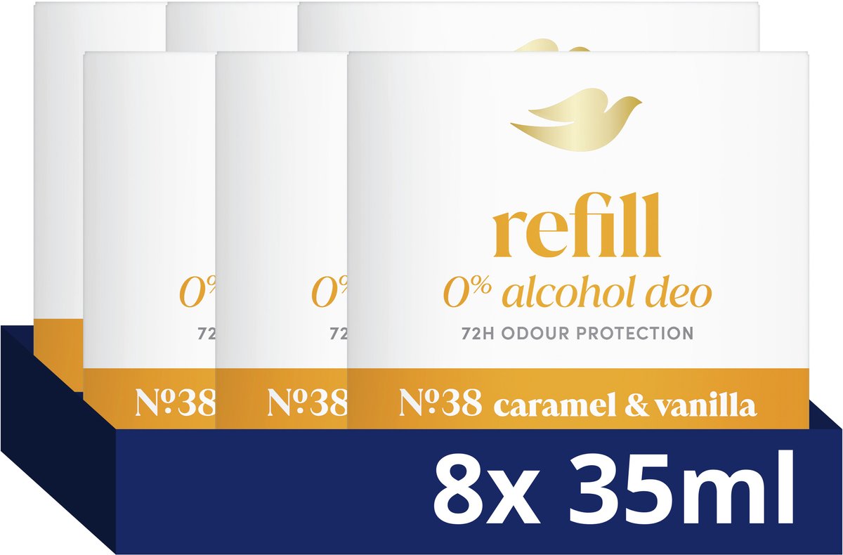 DOVE 0% Alcohol Refillable Deodorant - No. 38 Caramel & Vanilla - beschermt tot 72 uur tegen zweet en lichaamsgeur - 8 x 35 ml
