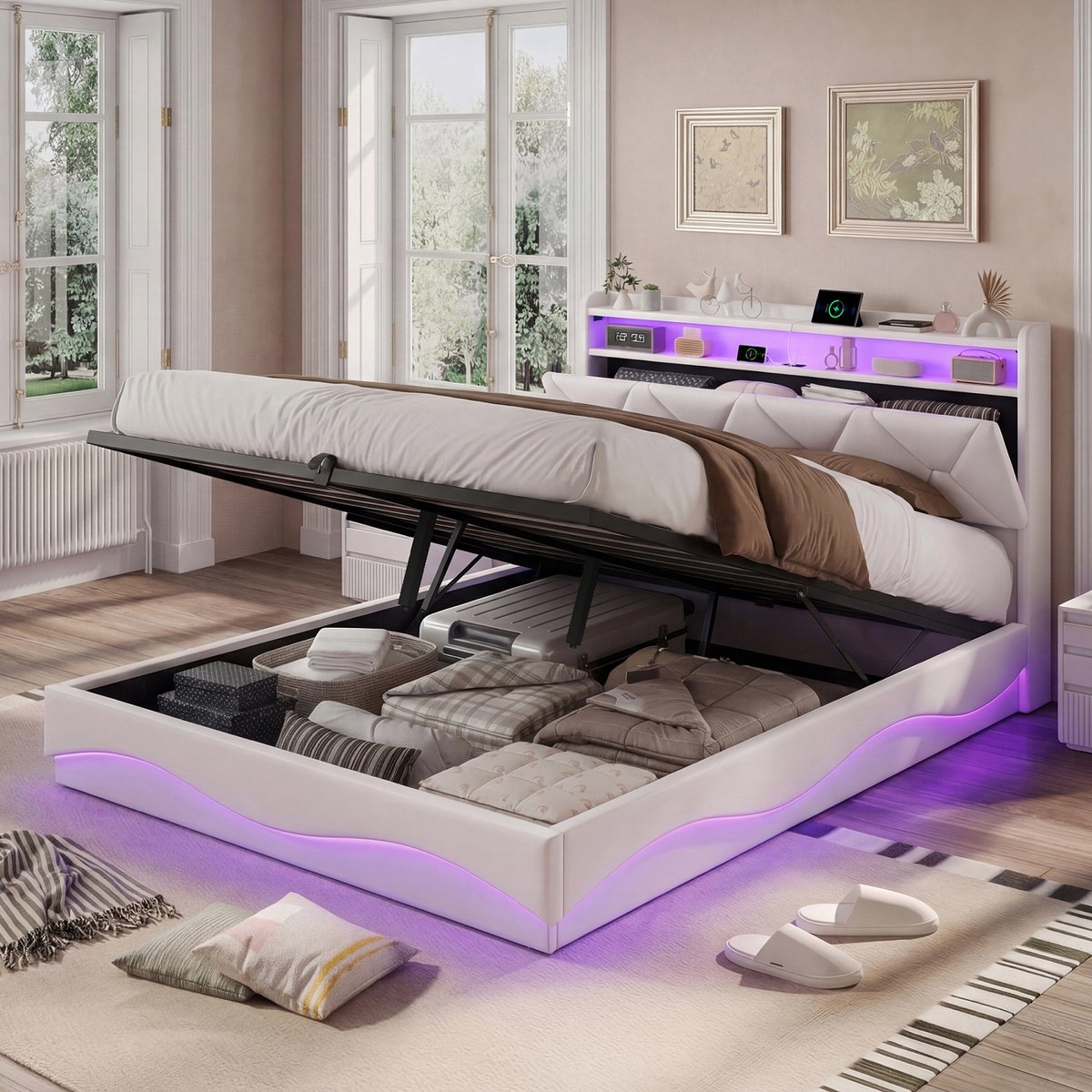 Gestoffeerd bed 160x200cm met LED-verlichting, 2 USB en 1 Type-C poort, gestoffeerd bed, slaapkamer tweepersoonsbed met lattenbodem, fluweel, beige, zonder matras