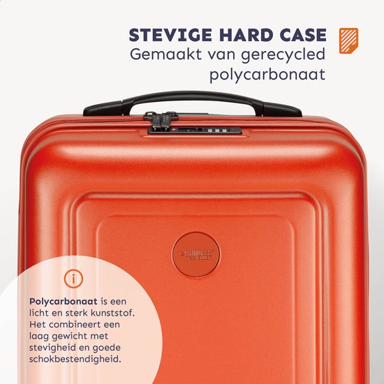 Oranje hardcase koffer, gemaakt van gerecycled polycarbonaat, met tekst "STEVIGE HARD CASE".