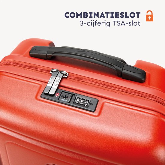 Detail van het 3-cijferige TSA-combinatieslot op een oranje koffer.
