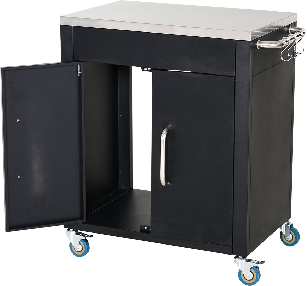 Killogood Keukenwagen met wielen - serveerwagen - kar met kast - haken en roestvrijstalen handgrepen - keukenhulp - BBQ-grilltafel van roestvrij staal keukenkar - 86 x 50 x 86.5 cm zwart