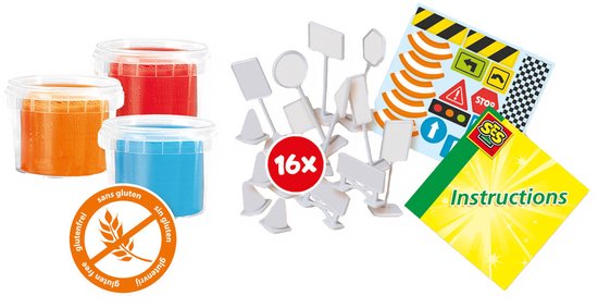 SES Creative kleiset met drie potjes klei (rood, oranje, blauw), 16x verkeersborden en instructies.