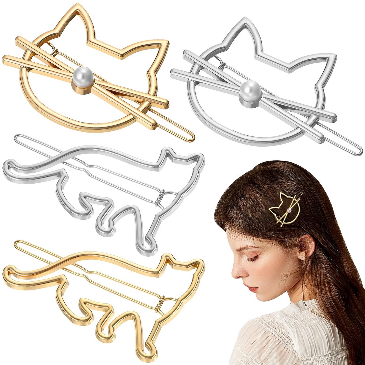 Allecto - Haarspelden - Dieren Haarclips - Schattig ontwerp - 4 Pack - Metalen Haaraccessoires - Perfect voor Feestjes - Katvormig