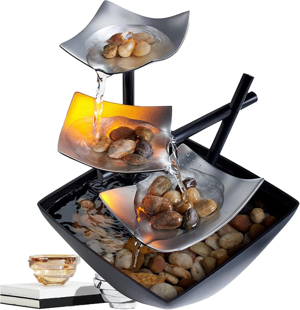 HEZIVO® Kamerfontein - Binnenfontein met LED - Fontein voor Binnen - Waterornament - 3 Niveau's - 20 cm - Zilver