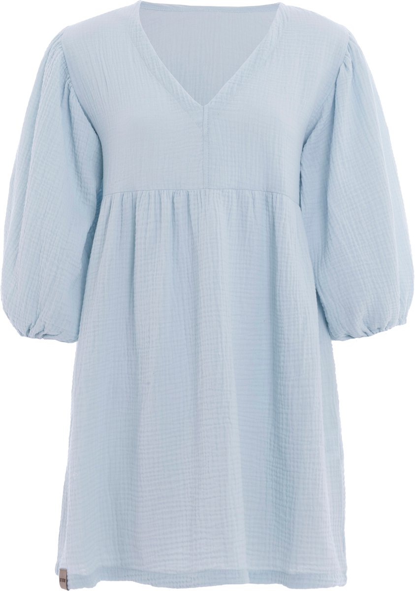 Knit Factory Drew Dames Jurk - Zomerjurk - Strandjurk - Driekwart pofmouwen - Mousseline jurk van hoge kwaliteit - 100% ecologisch katoen - Serein Blue - 40/42
