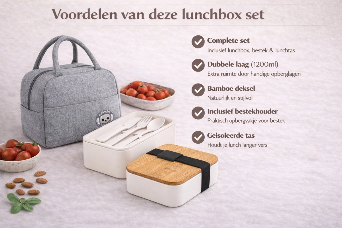 Lunchbox Set met Tas – 2 Laags Lunchbox (1200 ml) met Bamboe Deksel & Bestek – Inclusief Geïsoleerde Draagtas – Wit met Grijze Tas — cadeau in Koken & Dineren - foto 3