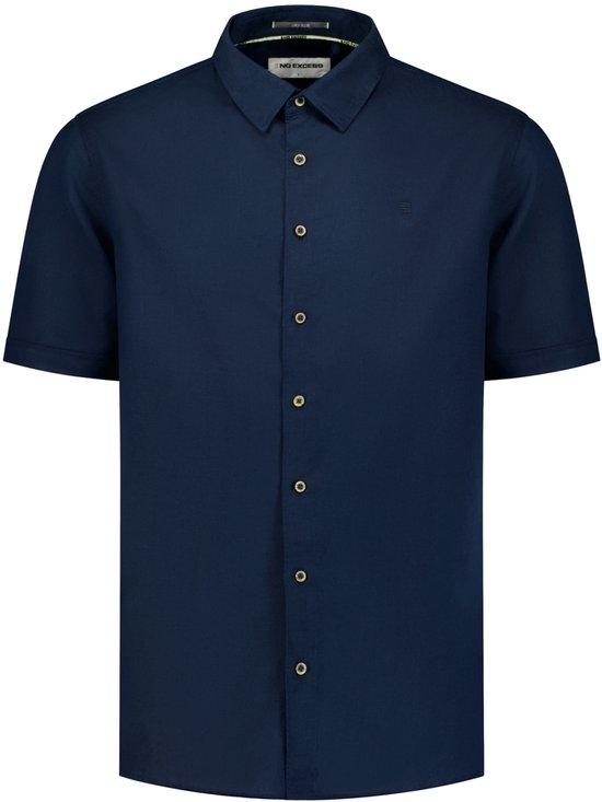 Donkerblauw linnenblend overhemd met korte mouw, gouden knopen en borstlogo.