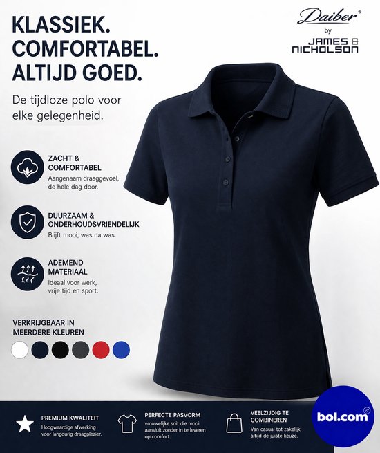 Polo bleu marine pour femme à manches courtes, col montant et fermeture boutonnée. Classique et confortable.