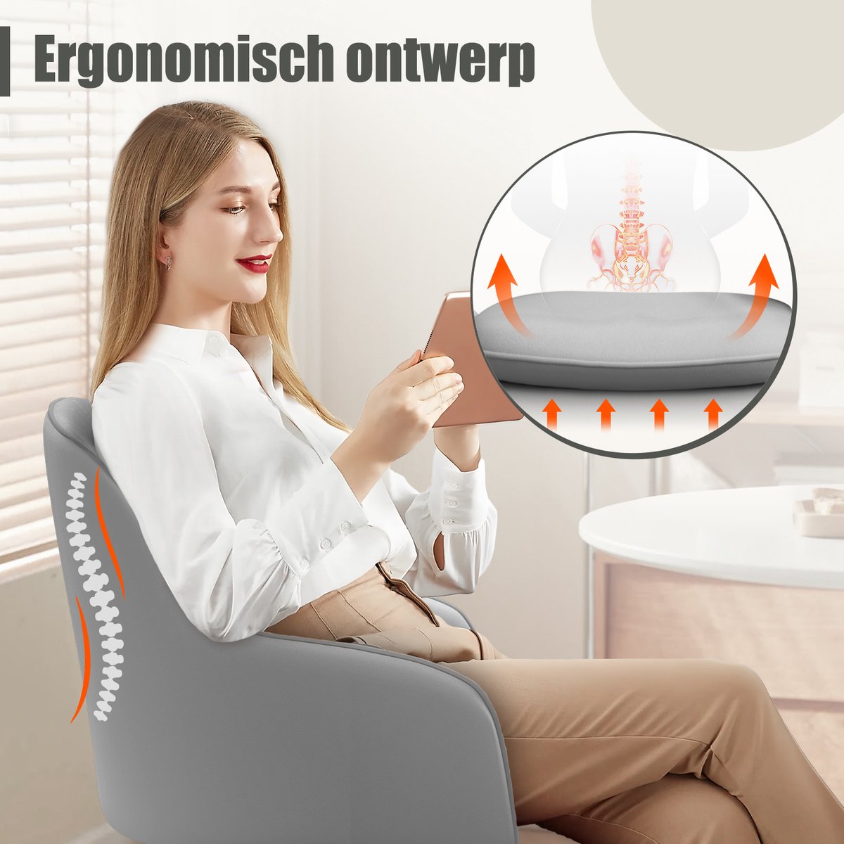Hiaonyx Bureaustoel-Ergonomische bureaustoel-bureaustoelen voor volwassenen-Dubbel gelaagd zitkussen-360 graden draaibaar-Metalen onderstel-Grijs thumbnail 2