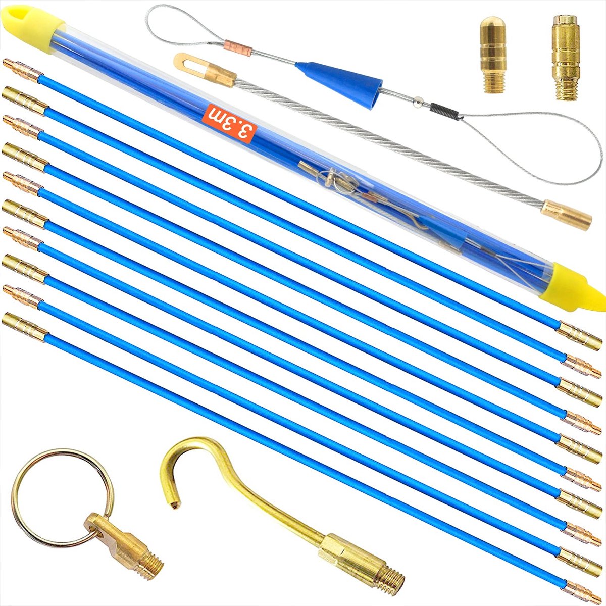 Dailygoods - Dailygoody - Kabelstangen - Kabelintrekstangset - 3,3 meter - Glasvezel - Kabelinrijger - Ideaal voor installatie - Blauw