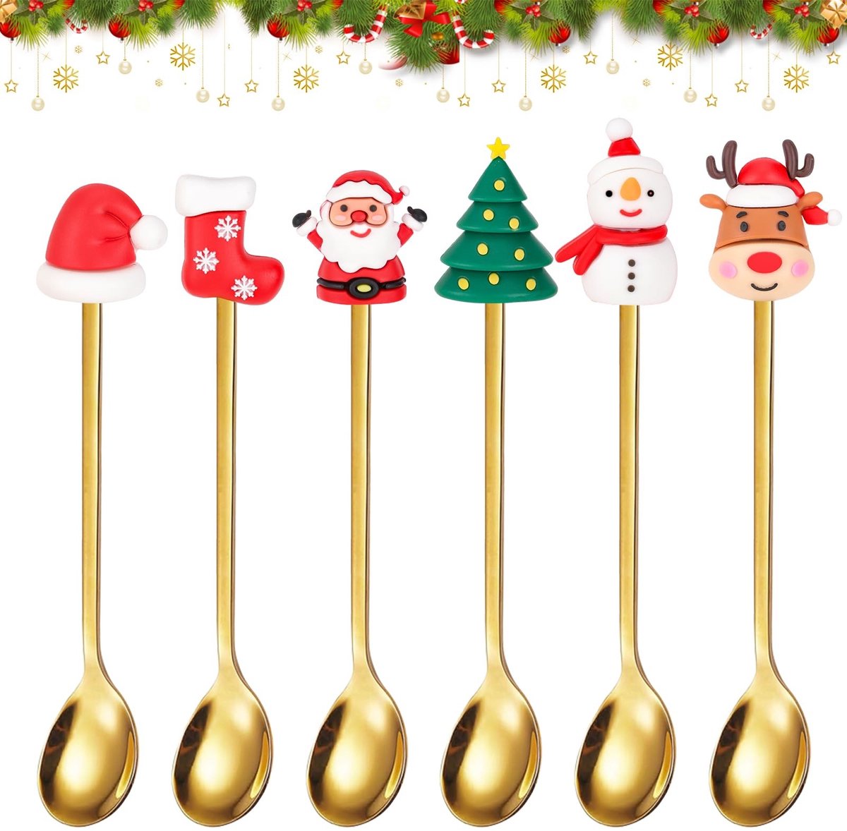 Dailygoods - Dailygoody - Kerstlepels - Set van 6 - Roestvrij staal - Goud - Theelepels voor kerst - Geschikt voor ijs, dessert en suiker - Kerstman, rendier en sn...