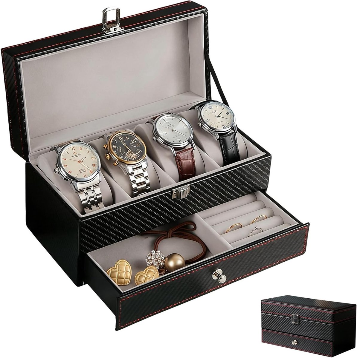 Elegante Horlogebox met 4 Slots en Lades voor Horloge en Sieradenopslag, Vergrendelbare Organizer met Carbon Fiber Textuur