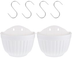 2-stuks Bloempot voor aan de muur - Bloempot voor aan de schutting - Halfronde hangende bloempot voor aan de muur - Harsmateriaal - 25x14x21cm - Geschikt voor plaatsing op balkons, schuttingen, muren, kantoren, vensterbanken en in tuinen - Wit