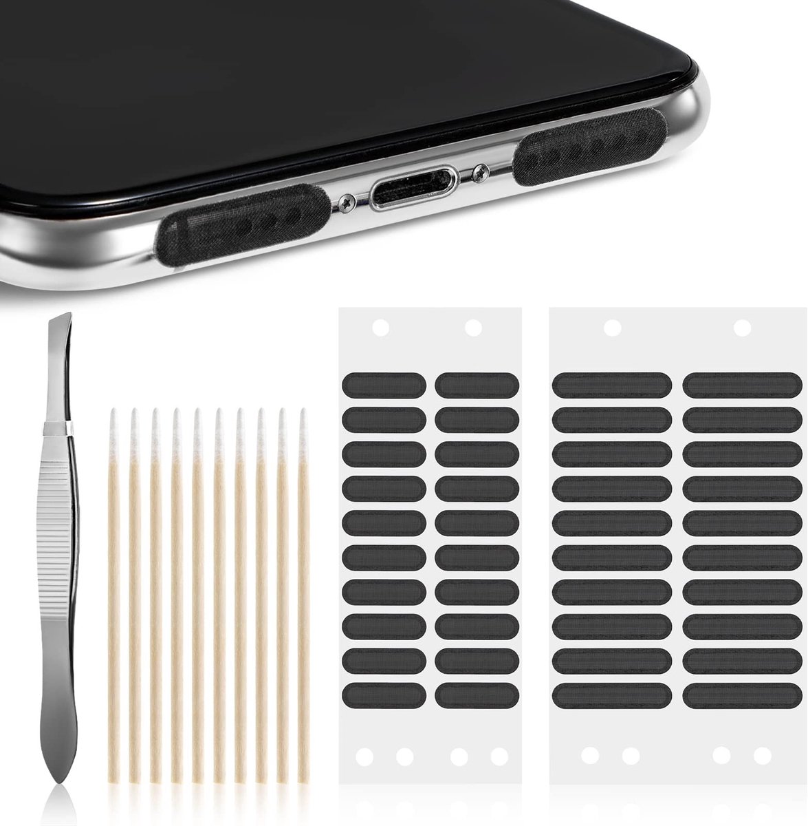 Dailygoody - Stofbescherming - Stofdichte netstickers - 51 stuks - Zwart - Reinigingsstaafjes - Pincet voor telefoon - Geschikt voor mobiele appa