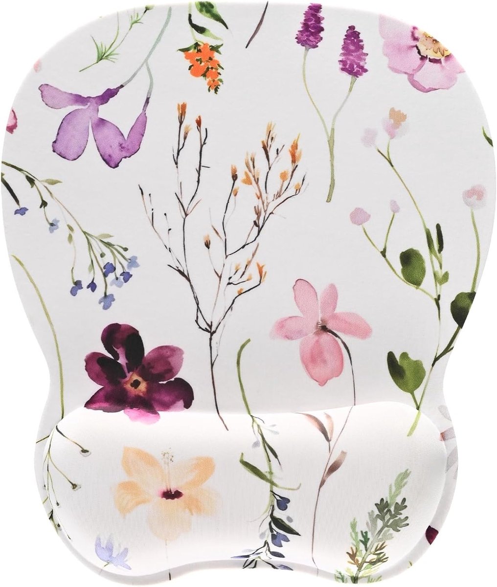 Ergonomische Muismat met Geheugenfoam Handsteun, Antislip Rubber Onderkant, Bloemenprint, Wit, Comfortabel en Ondersteunend voor Langdurig Gebruik
