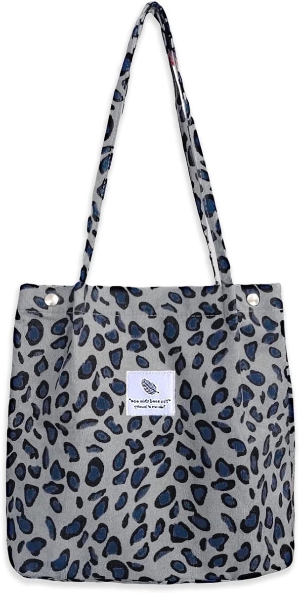 Grote Schoudertas voor Dames van Corduroy - Trendy Strandtas, Crossbody Tas en Shopper met Luipaardprint in Grijs voor Werk en School