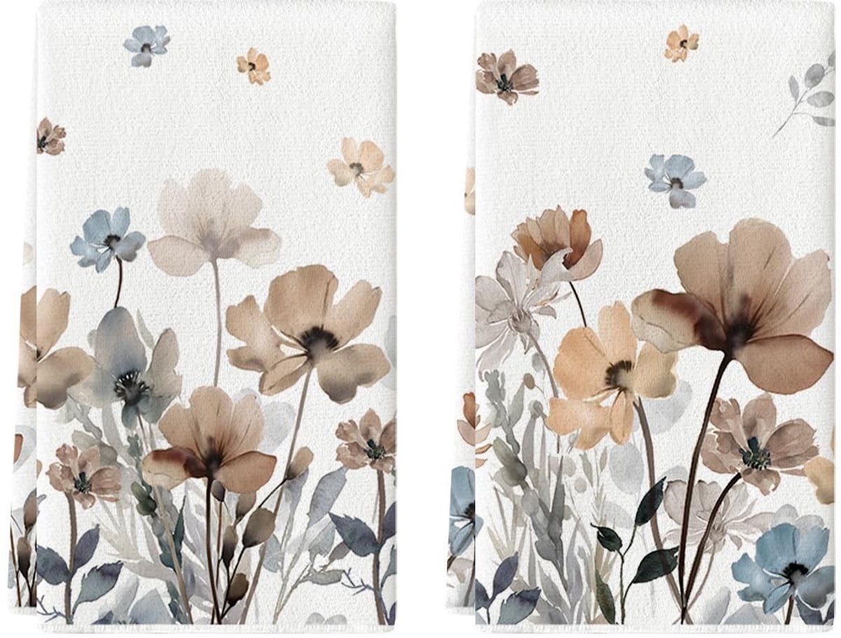 Dailygoods - Dailygoody - Keukenhanddoeken - Bloemen - Set van 2 - Bruin - Theedoeken voor de keuken - Decoratieve handdoeken - Geschikt voor elke gelegenheid
