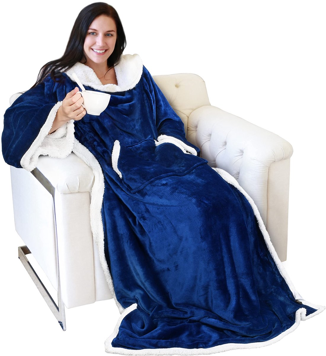 Dailygoods - Dailygoody - Draagbare deken met mouwen - Extra zachte micropluche - Grijs - Warm en knuffelig - Perfect voor tv en ontspanning - Geschikt voor volwas...