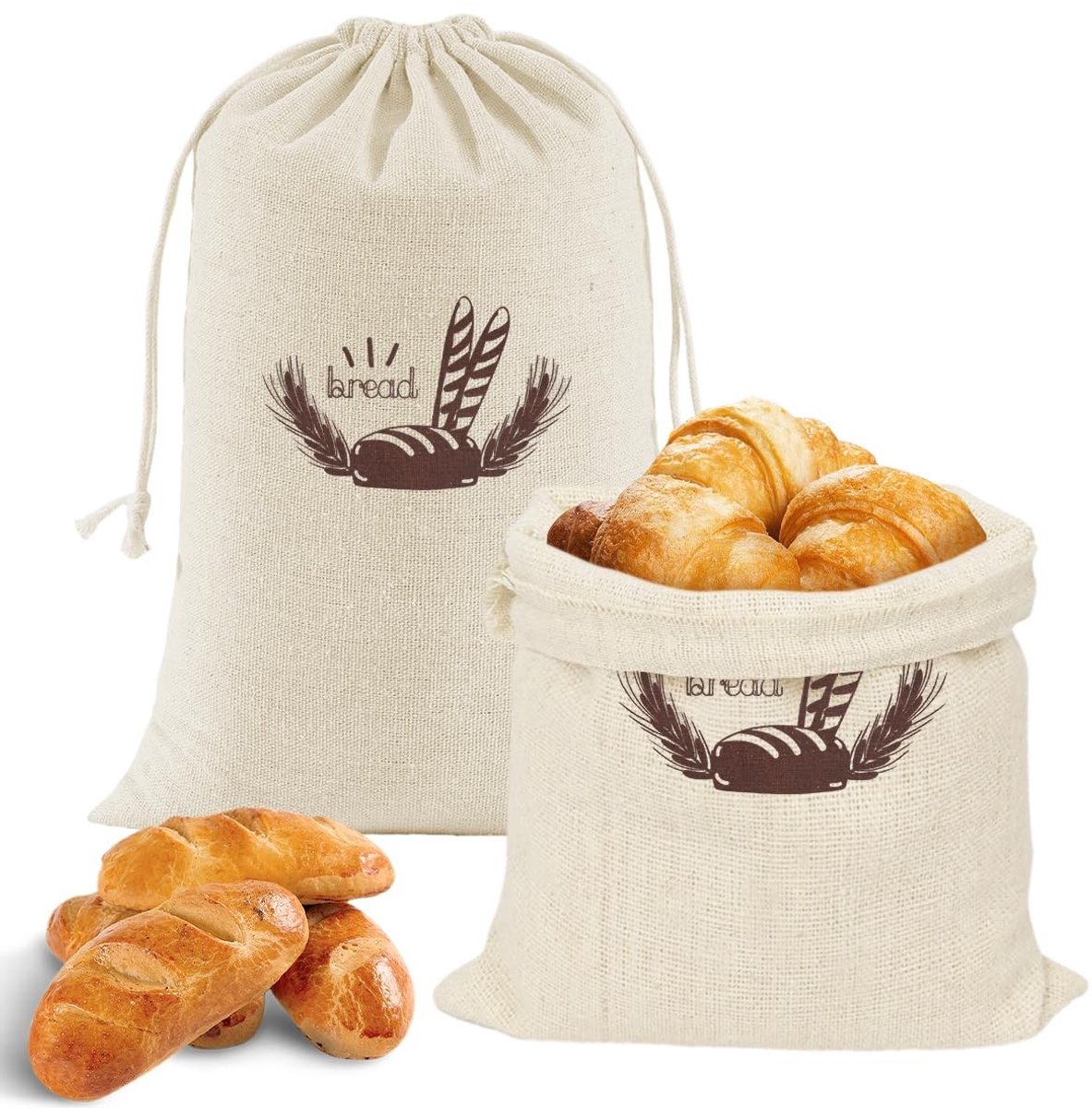Dailygoods - Dailygoody - Linnen Broodzakken - Herbruikbare Voedselzak - 2 Stuks - 30 x 38 cm - Trekkoord - Vers Houden - Voor Brood Fruit Groenten