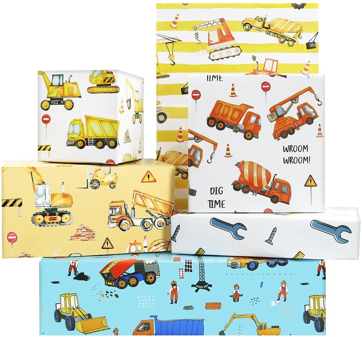 Dailygoods - Dailygoody - Constructie Inpakpapier - Graafmachine Kiepwagen Bulldozer - 50x70cm - Cadeaupakket voor Kinderen - Verjaardagscadeau - Feestelijk Thema