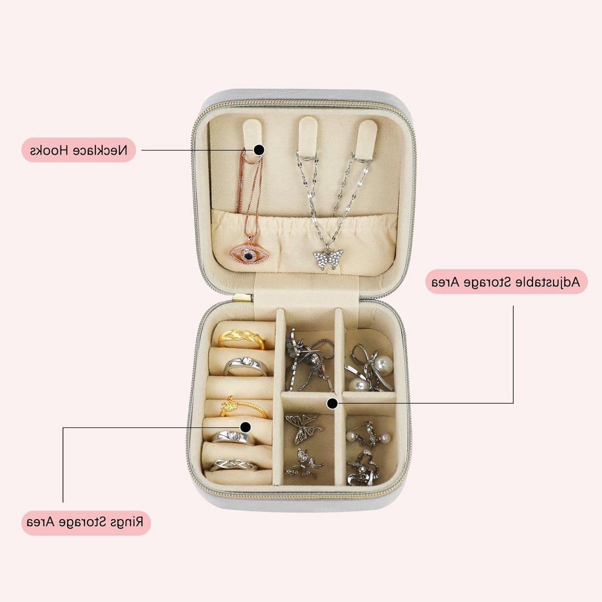 Draagbare Sieradenbox van Velvet, Klein Reiskoffer voor Ringen, Oorbellen en Kettingen, Perfect voor Organisatie en Bescherming van Sieraden (Roze)